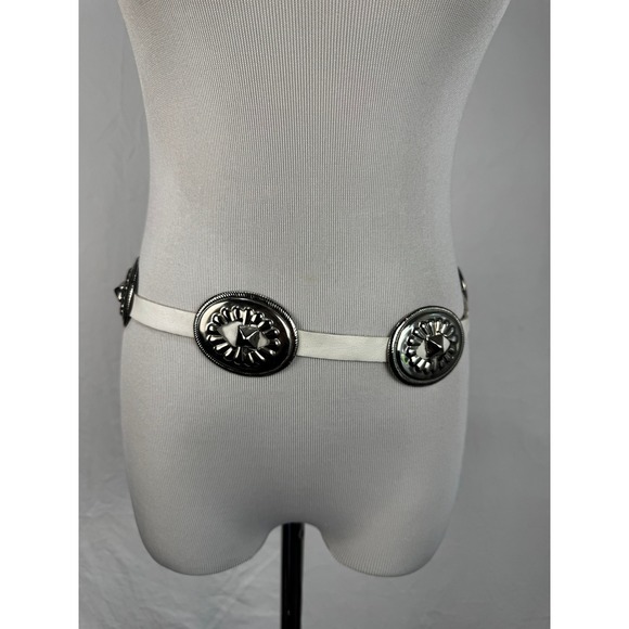 Vintage White Leather Concho Belt Silver Sunburst Tie 54\